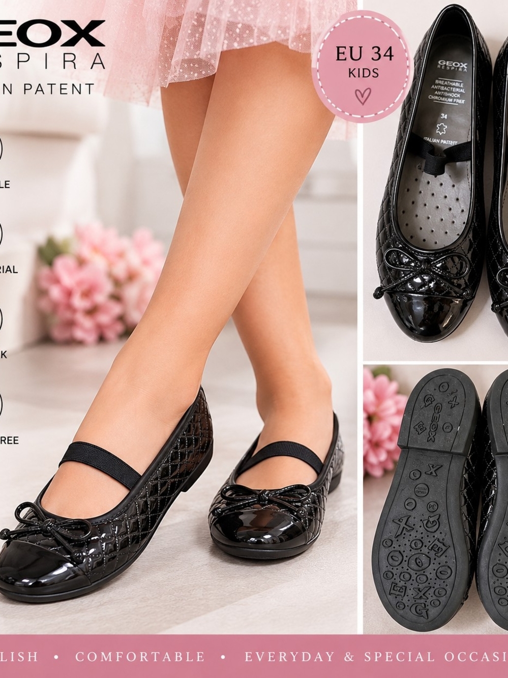 GEOX Respira Girls Black Patent Leather Ballet Flats EU 34